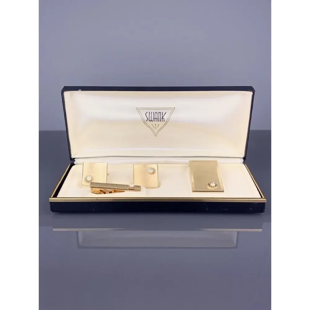 Faux Pearl Square Gold Tone Cufflinks Tie Pin Money Clip Textured Swank Vintage